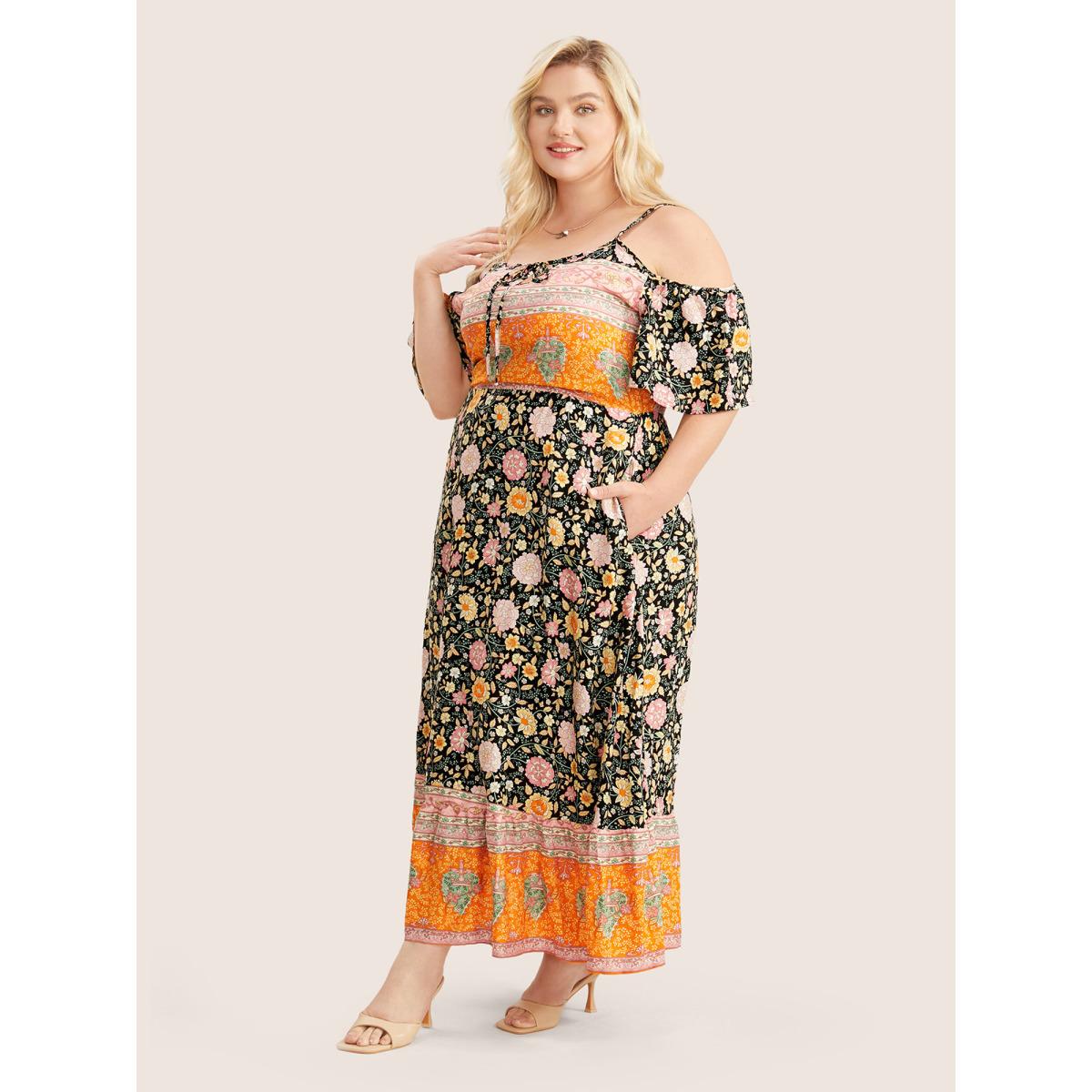 Plus Size Floral Print Pocket Keyhole Ruffles Cold Shoulder Maxi Dress Black Women Boho Non Non Half Sleeve Curvy Long Dress BloomChic 18-20/2X Product Image