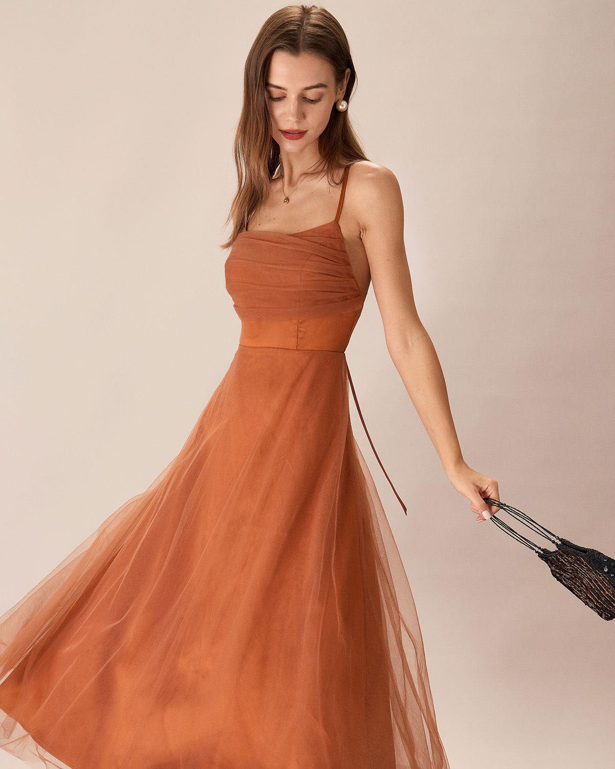 Caramel Mesh Flowy Slip Midi Dress Product Image