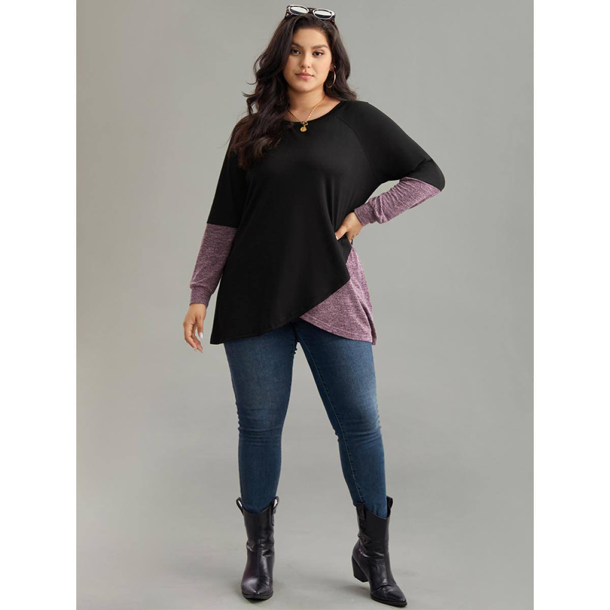 Plus Size Two Tone Patchwork Heather Arc Hem T-shirt Black Women Casual Contrast Plain Round Neck Dailywear T-shirts BloomChic 28/5X Product Image
