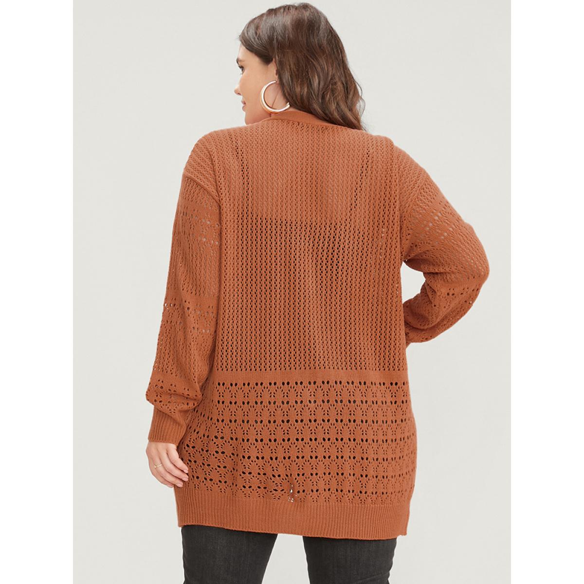 Plus Size Plain Pointelle Knit Open Front Asymmetrical Cut Out Cardigan Chocolate Women Casual Loose Long Sleeve Dailywear Cardigans BloomChic 10/M Product Image