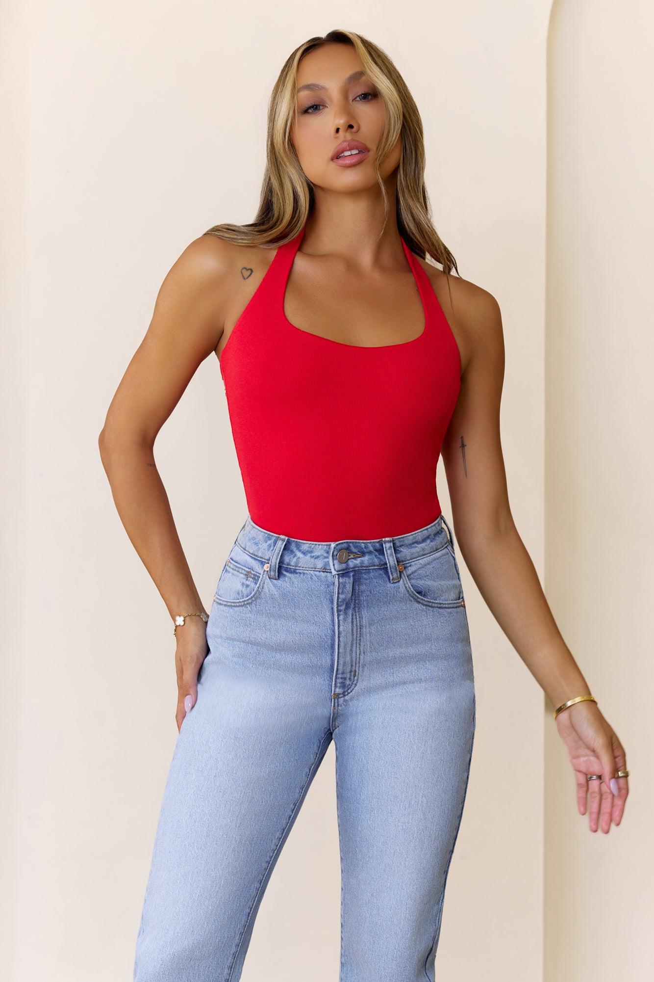BASE Luxe Rib Simple Silhouette Halter Top Red Product Image