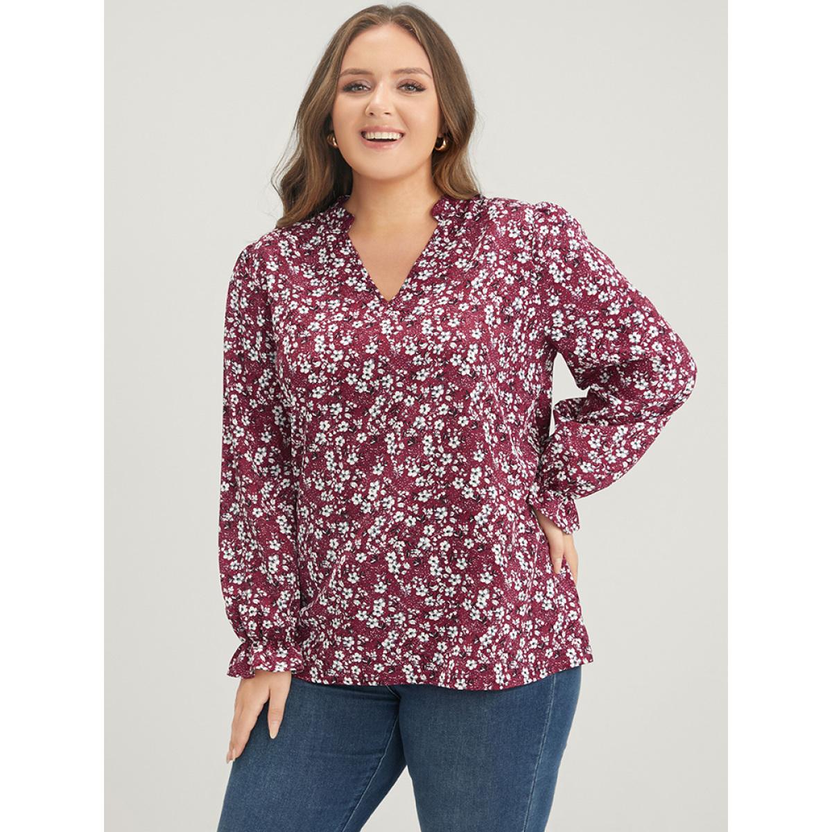 Plus Size Burgundy Floral Lantern Sleeve Arc Hem V Neck Blouse Women Elegant Long Sleeve V-neck Dailywear Blouses BloomChic 22-24/3X Product Image