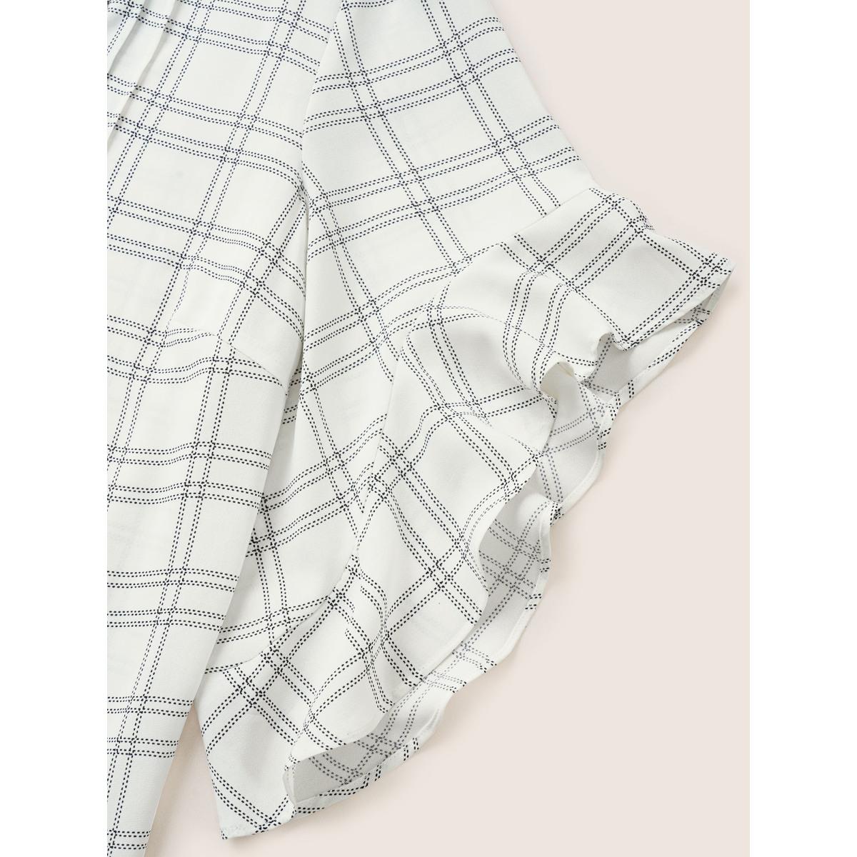 Plus Size White Plaid Notched Patchwork Ruffle Sleeve Blouse Women At the Office Half Sleeve Flat collar with V-notch Work Blouses BloomChic 18-20/2X Product Image