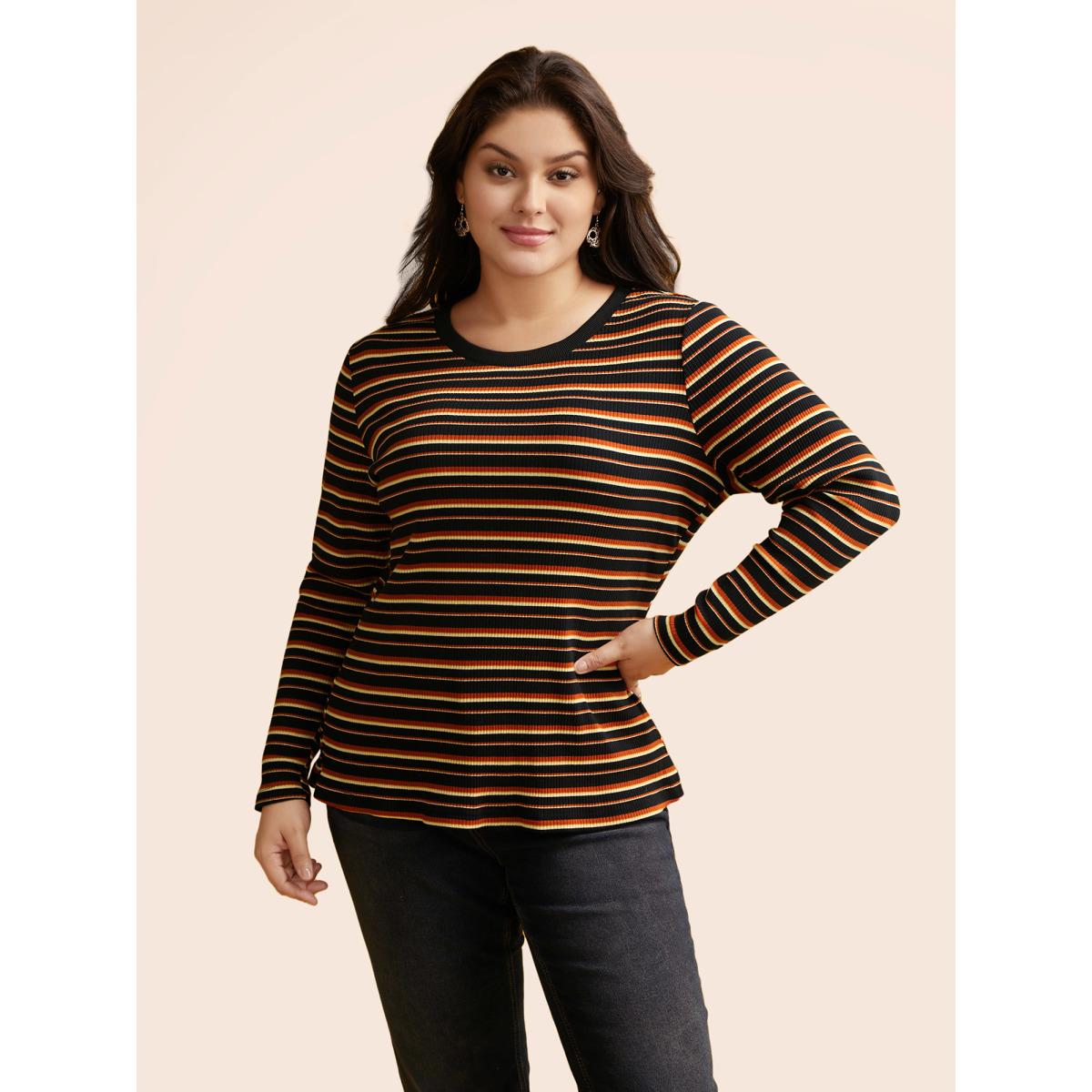 Plus Size Striped Knit Crew Neck T-shirt Black Women Casual Texture V-neck Bodycon Everyday T-shirts BloomChic 30/6X Product Image