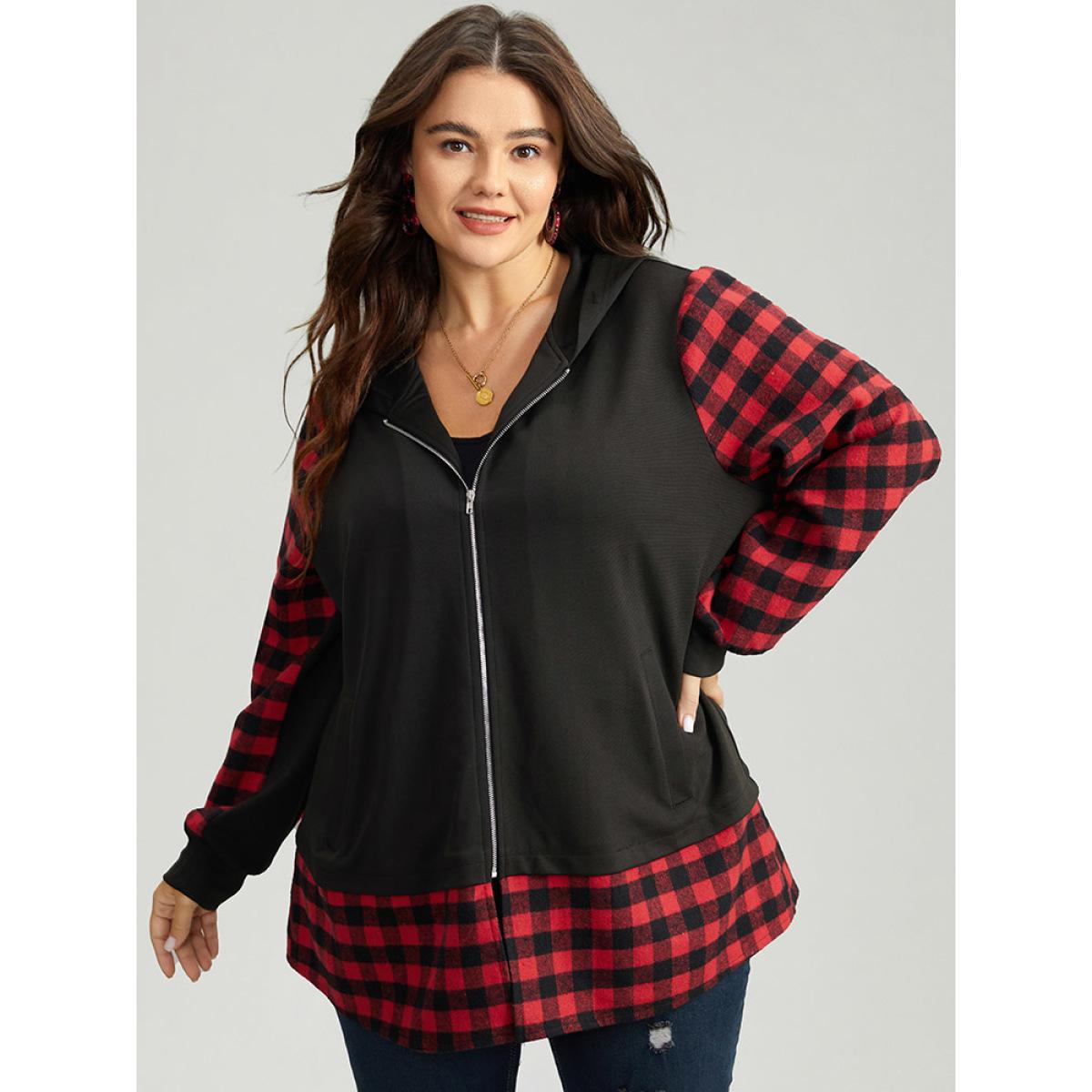 Plus Size Gingham Patchwork Hooded Zipper Contrast Coat Women Red Contrast Pocket Dailywear Jackets BloomChic 22-24/3X Product Image