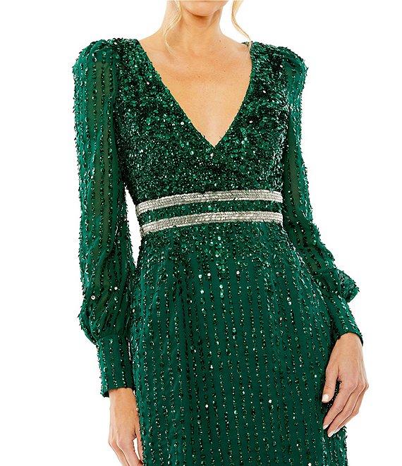 Mac Duggal Sequin V-Neck Long Bishop Sleeve Midi Dress Product Image