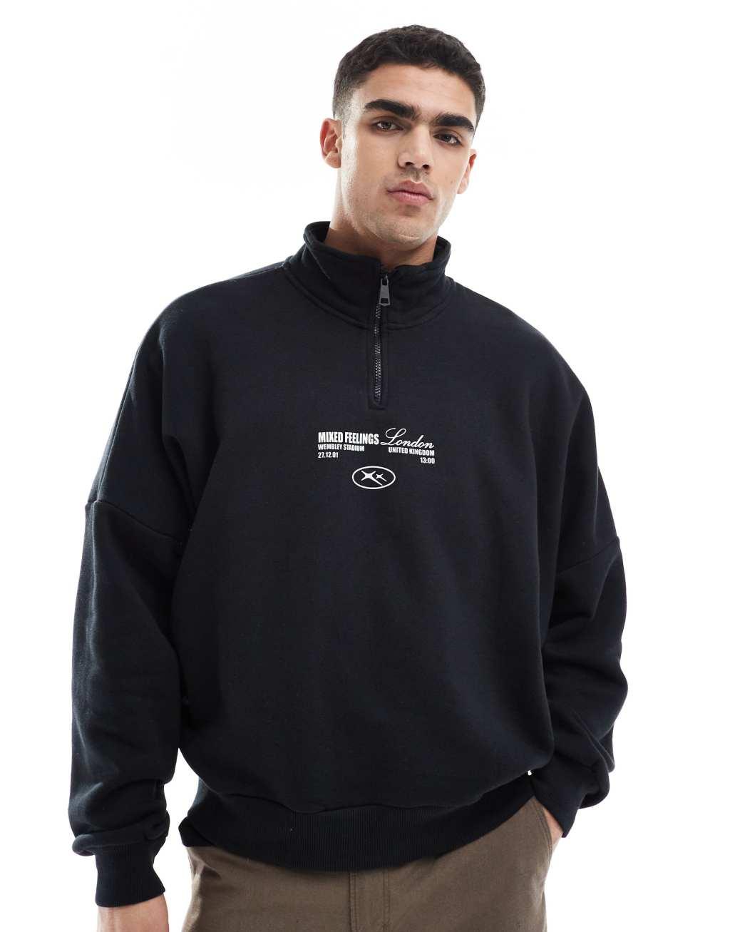 Bershka 1/4 zip piped back printed sweatshirt in black Product Image