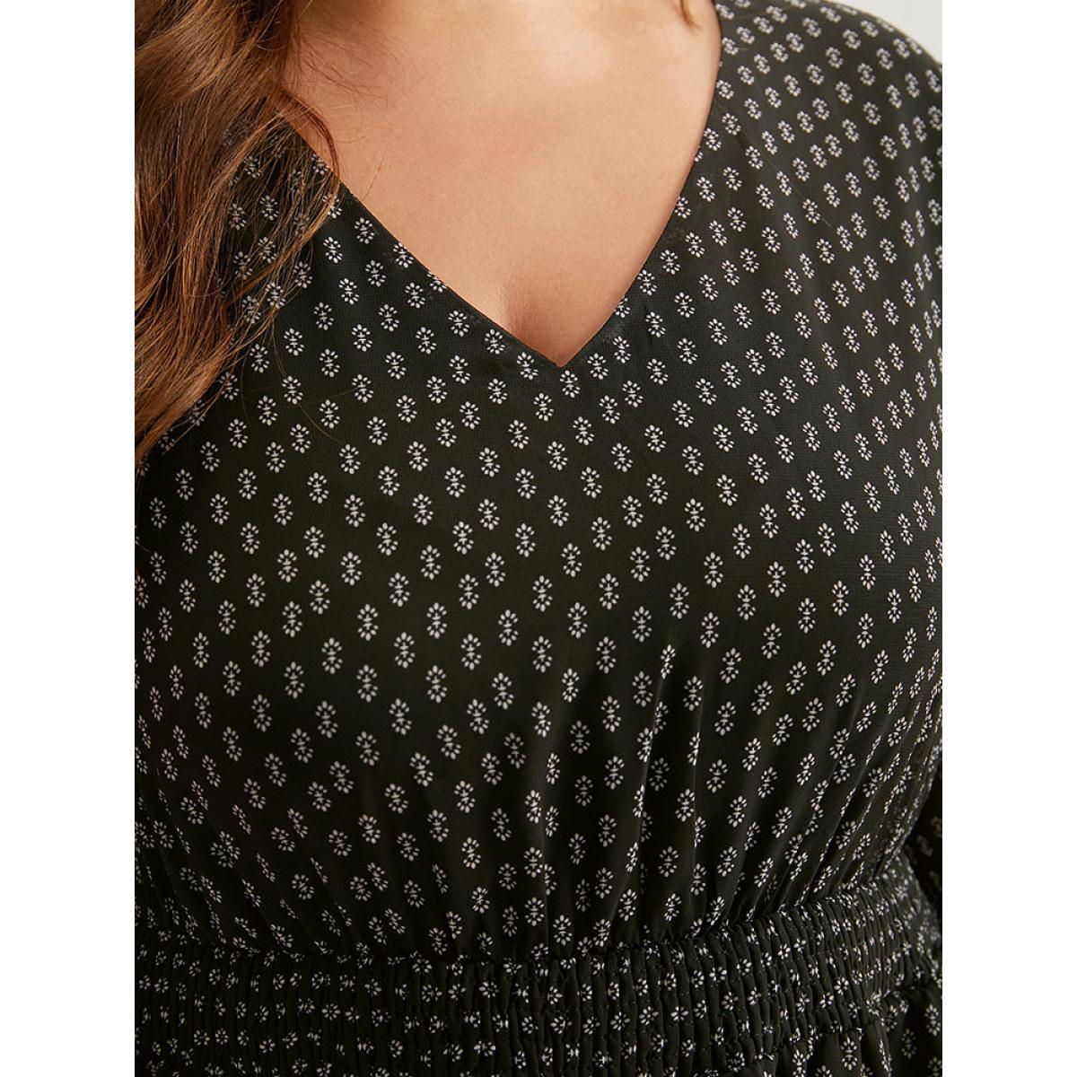 Plus Size Geometric Shirred Mesh Frill Trim Dress BlackFlower Women At the Office See through V-neck Long Sleeve Curvy Midi Dress BloomChic 18-20/2X Product Image