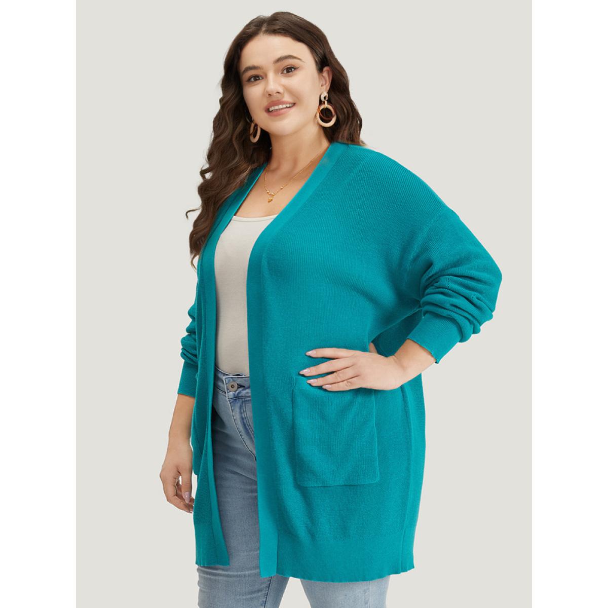 Plus Size Solid Open Front Patched Pocket Cardigan Emerald Women Casual Loose Long Sleeve Dailywear Cardigans BloomChic 12/L Product Image