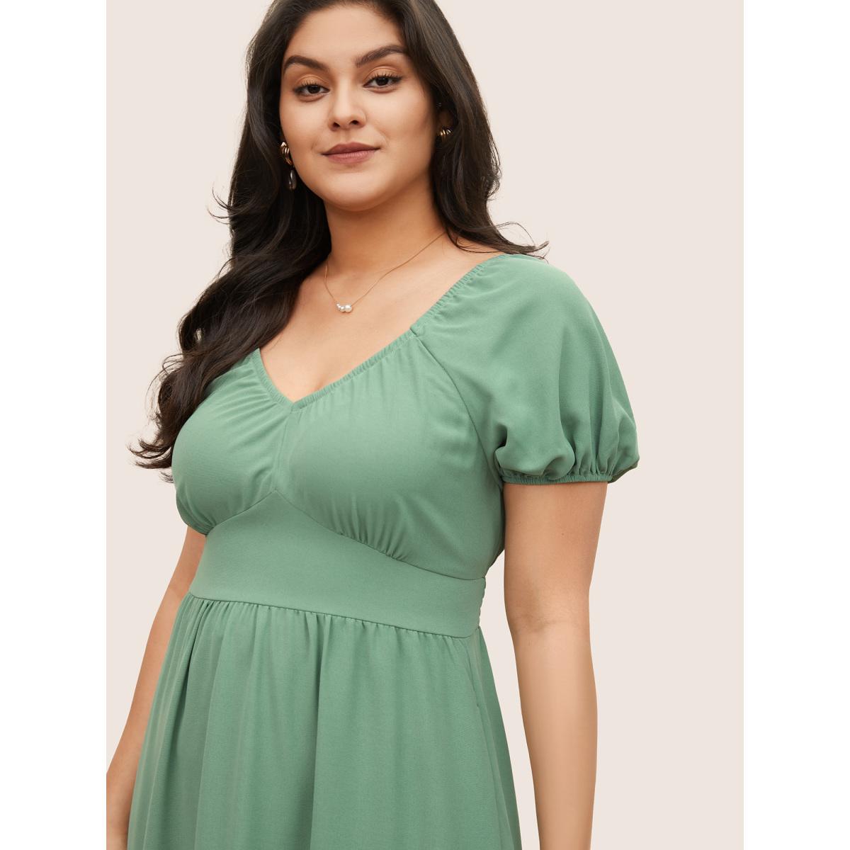 Plus Size Solid Gathered Lantern Sleeve Ruffle Layered Hem Dress Mint Women Elegant Non V-neck Short sleeve Curvy Midi Dress BloomChic 14-16/1X Product Image