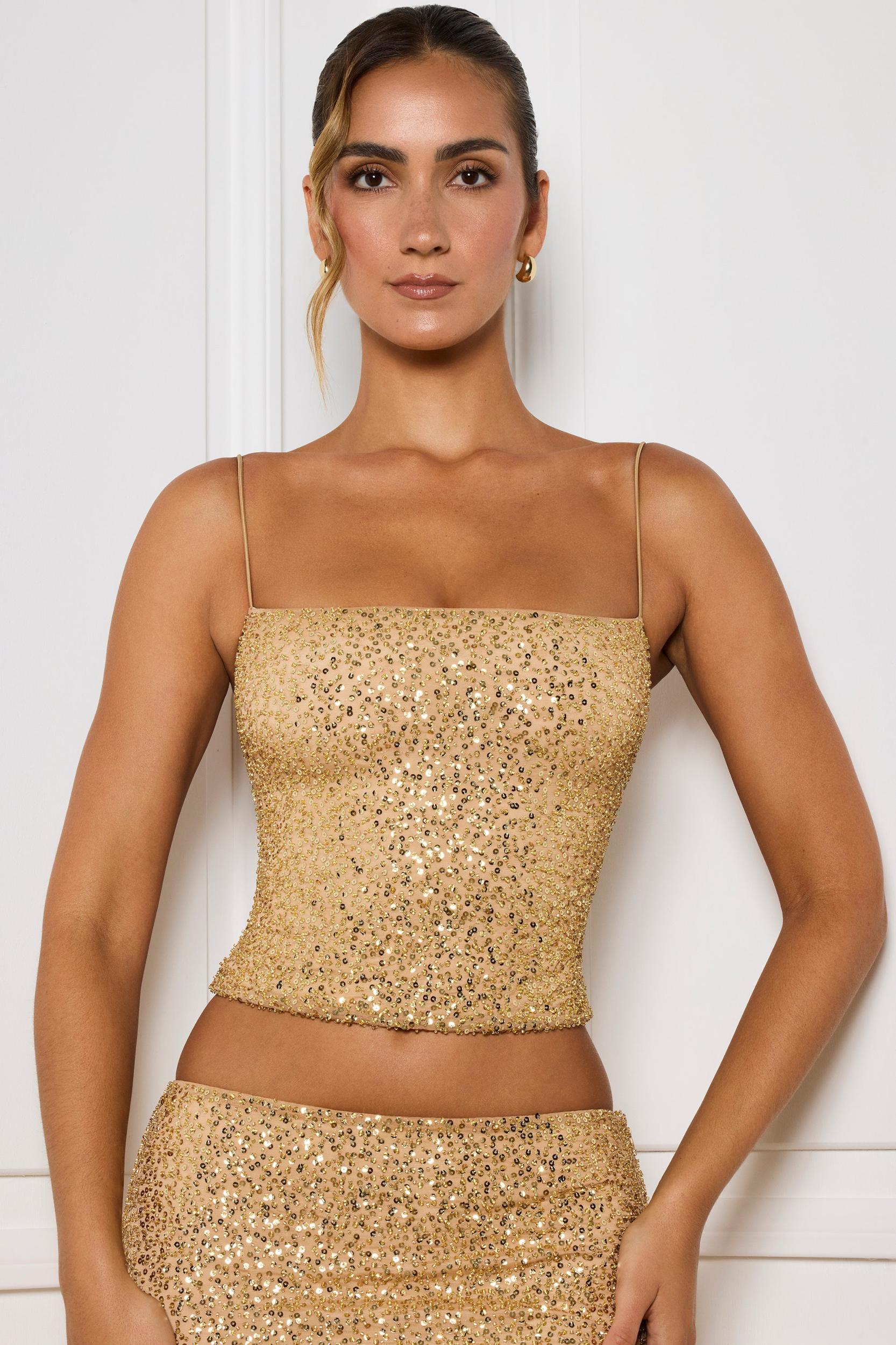 Embellished Square-Neck Top in Gold Product Image