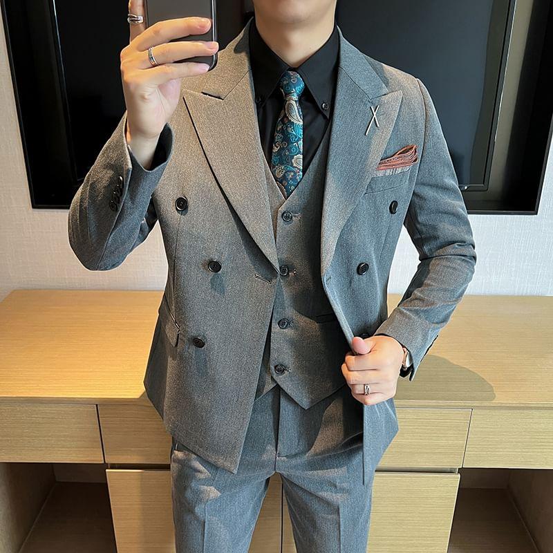 Set: Peak Lapel Plain Double-Breasted Blazer + V-Neck Single-Breasted Vest + High Waist Straight Leg Dress Pants Product Image