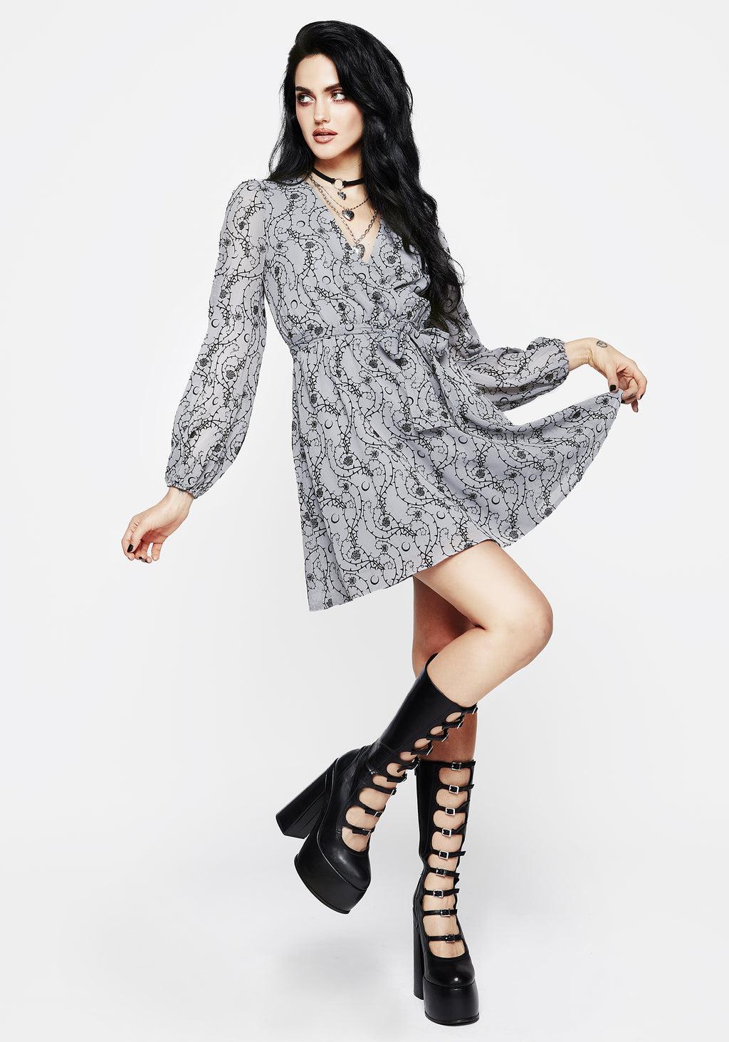 Rosethorn Flocked Velour Chiffon Faux Wrap Mini Dress - Blue Product Image