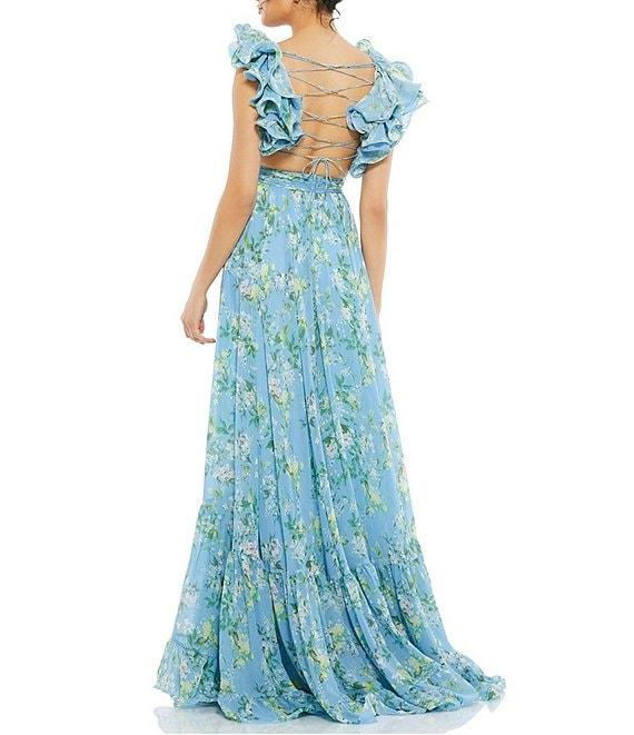 Mac Duggal Floral Chiffon V-Neck Sleeveless Ruffle Shoulder Side Cut-Out Gown Product Image