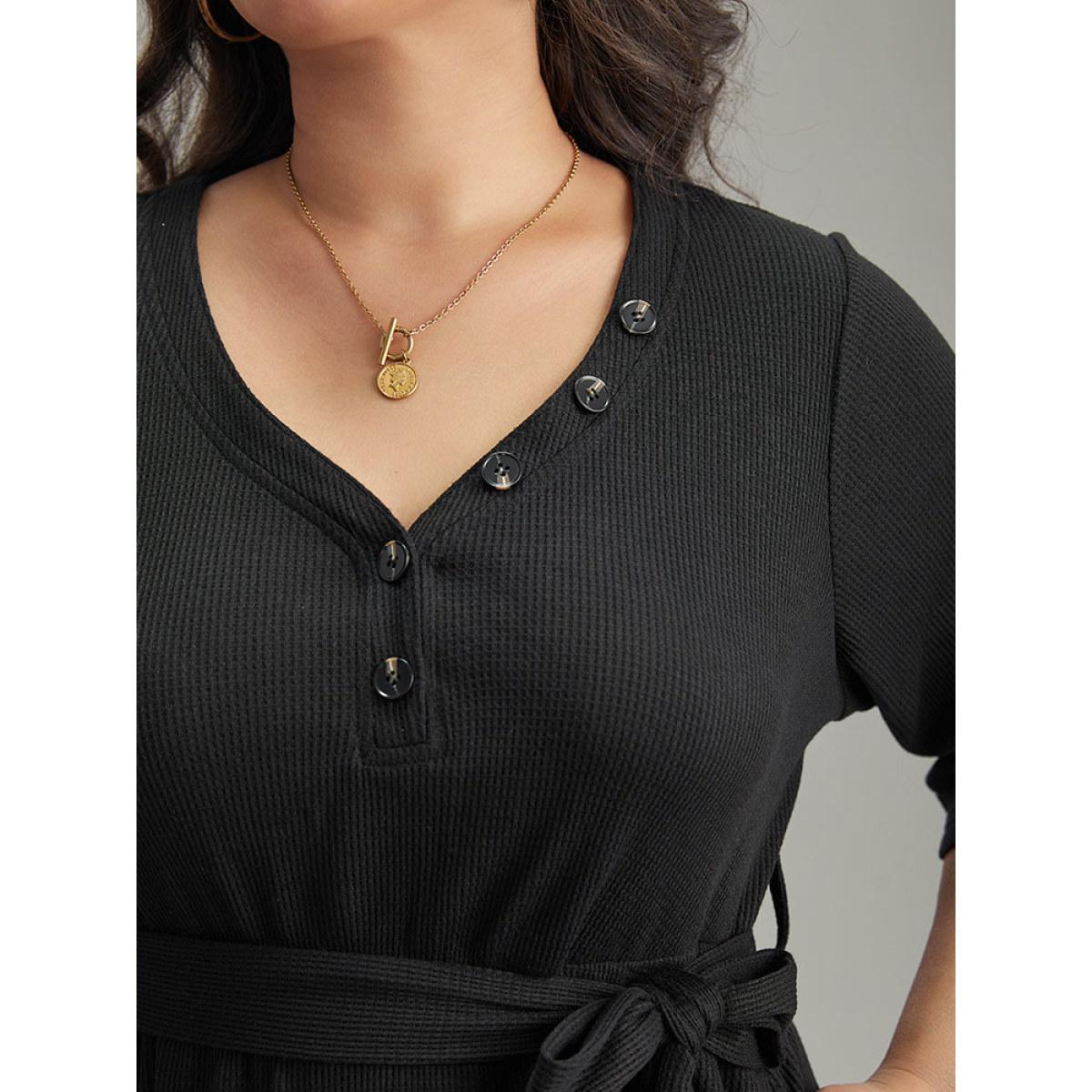 Plus Size Waffle Knit Button Detail Belted Dress Black Women Casual Plain V-neck Elbow-length sleeve Curvy Midi Dress BloomChic 26/4X Product Image