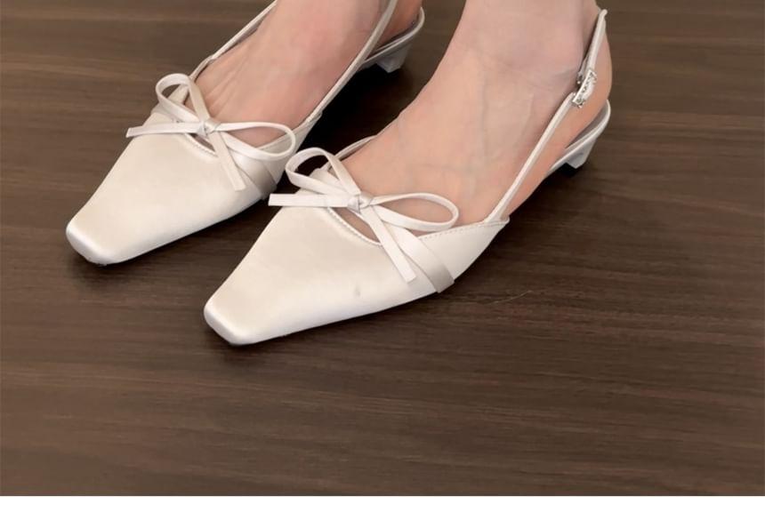 Square Toe Bow Slingback Satin Kitten Heel Pumps Product Image