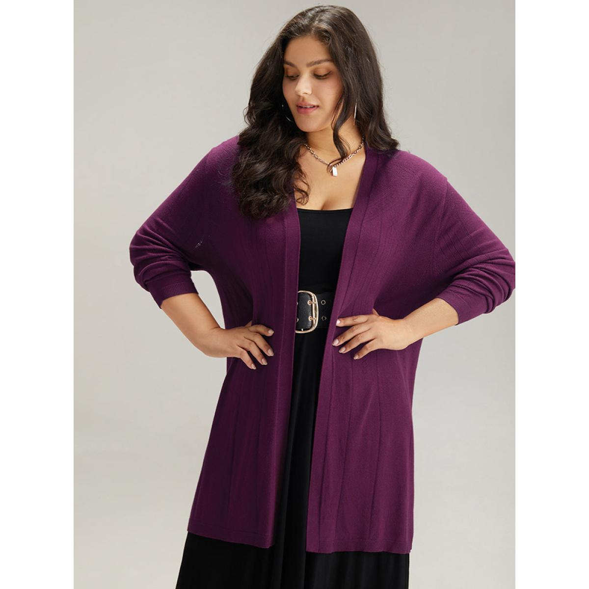 Plus Size Supersoft Essentials Plain Hollow Out Open Front Cardigan Purple Women Basics Loose Long Sleeve Everyday Cardigans BloomChic 18-20/2X Product Image