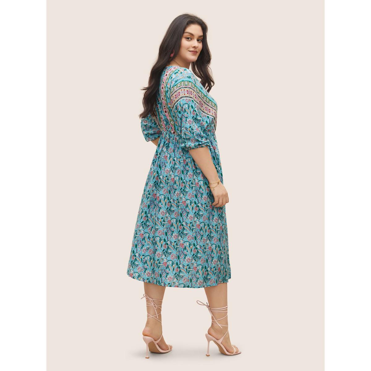 Plus Size Boho Print Wrap Elastic Waist Lantern Sleeve Dress Turquoise Women Resort Overlapping Overlap Collar Elbow-length sleeve Curvy Midi Dress BloomChic 26/4X Product Image