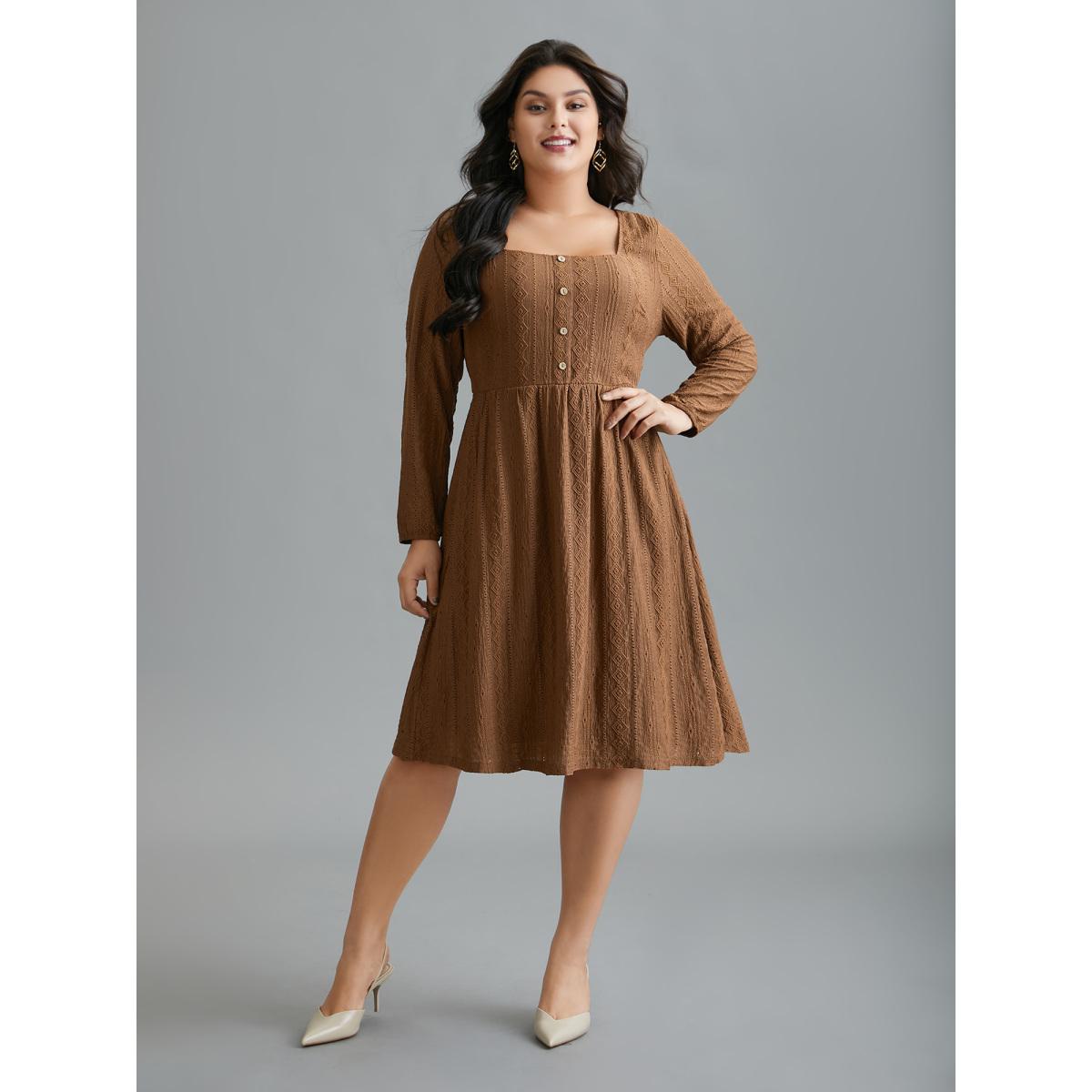 Plus Size Textured Button Detail Square Neck Knit Dress Browncoffeecolor Women Elegant Texture Knit Dresses Bloomchic 30/6X Product Image