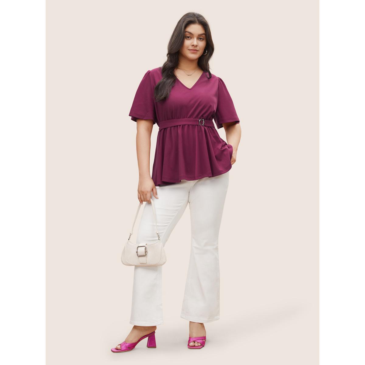 Plus Size Purple Solid Elastic Waist Flutter Sleeve Buckle Detail Blouse Women At the Office Short sleeve V-neck Work Blouses BloomChic 26/4X Product Image