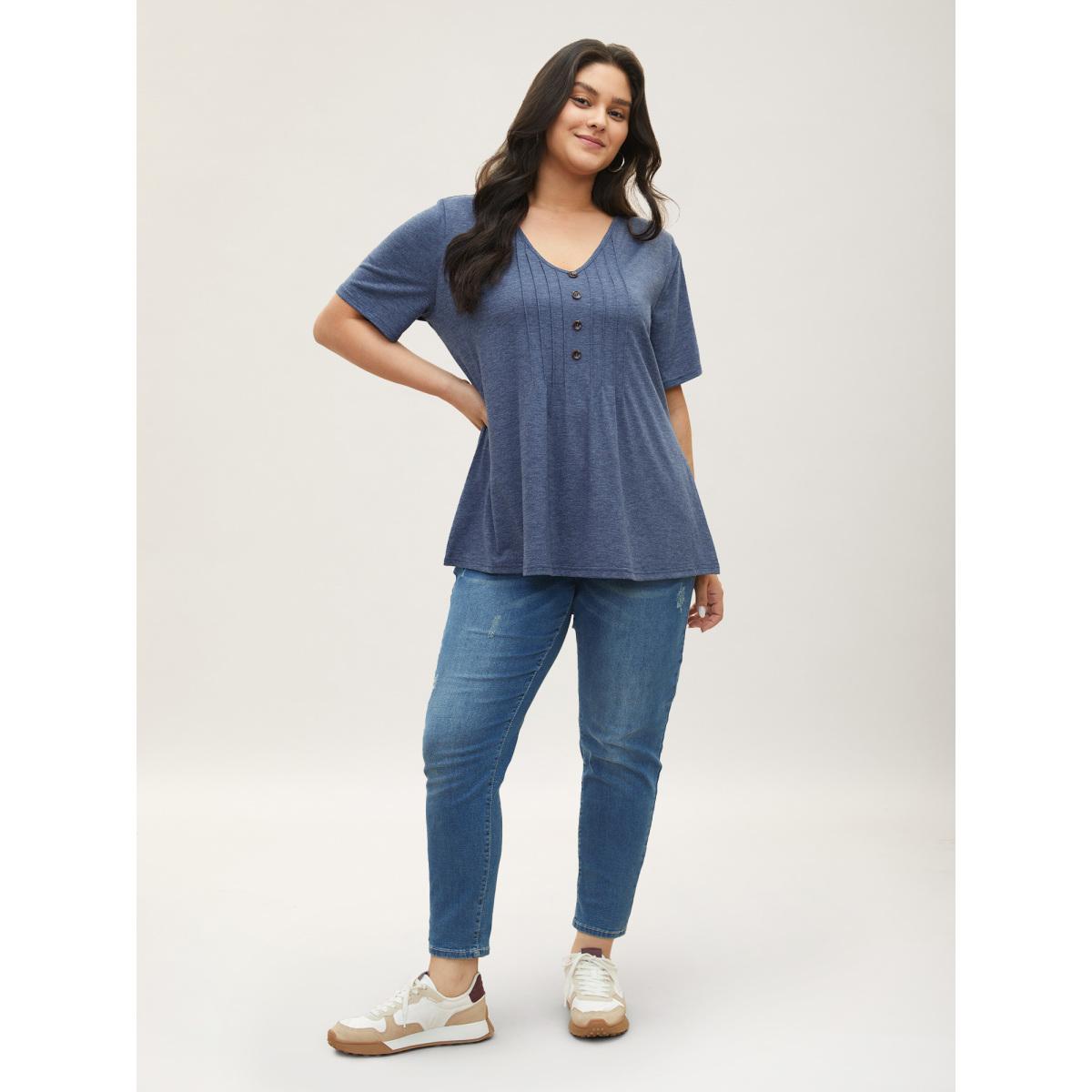 Plus Size Solid Pleated Front Button Detail V Neck T-shirt Stone Women Casual Button Plain Everyday T-shirts BloomChic 10/M Product Image