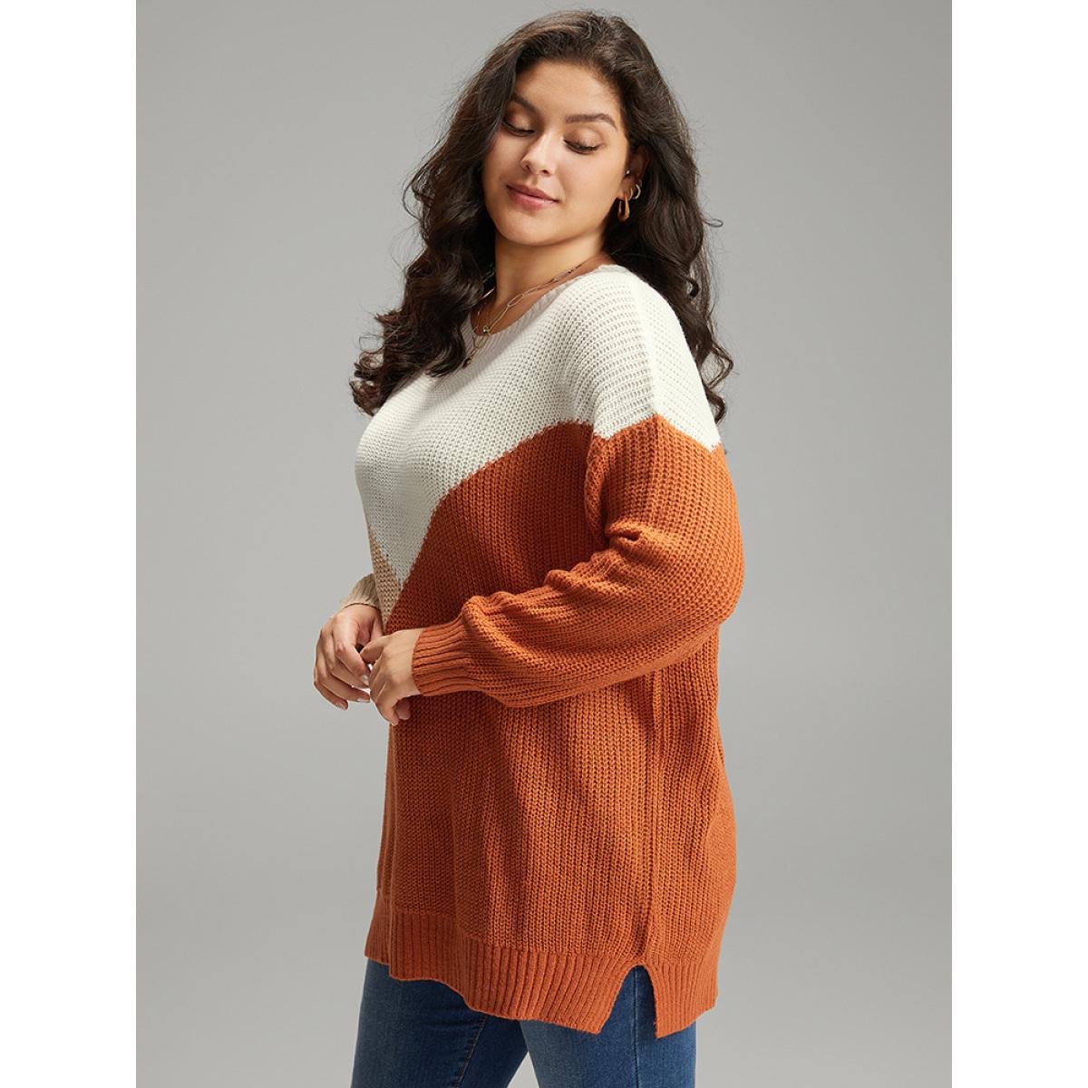 Plus Size Colorblock Split Side Drop Shoulder Pullover Multicolor Women Casual Loose Long Sleeve Round Neck Dailywear Pullovers BloomChic 30/6X Product Image