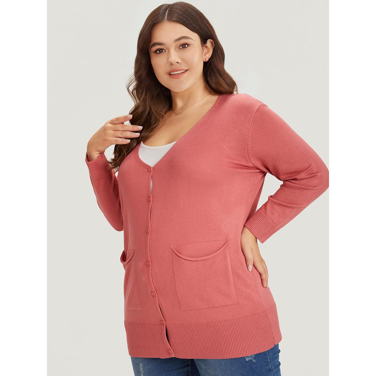Plus Size Supersoft Essentials Solid Button Down Patched Pocket Cardigan Russet Women Casual Loose Long Sleeve Everyday Cardigans BloomChic 26/4X Product Image