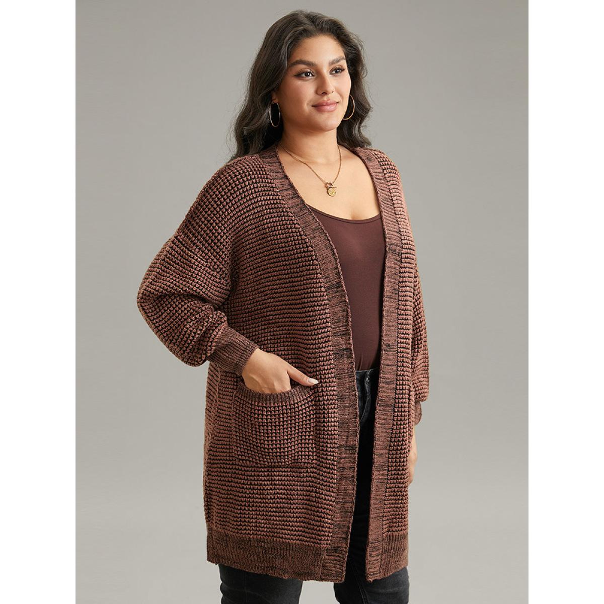 Plus Size Plisse Plain Patched Pocket Tunic Cardigan DarkBrown Women Casual Loose Long Sleeve Dailywear Cardigans BloomChic 22-24/3X Product Image