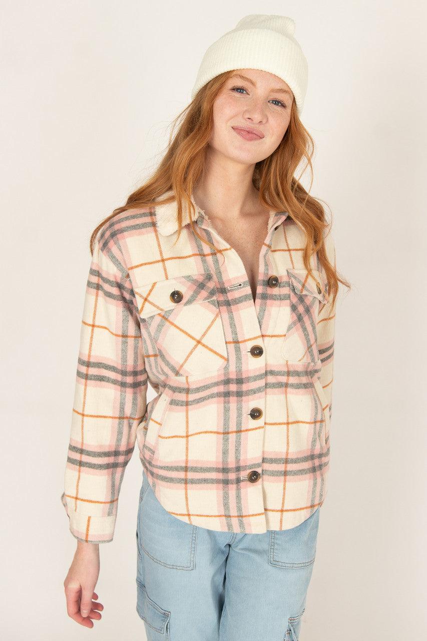 Ivory Sherpa Collar Plaid Trucker Jacket Product Image