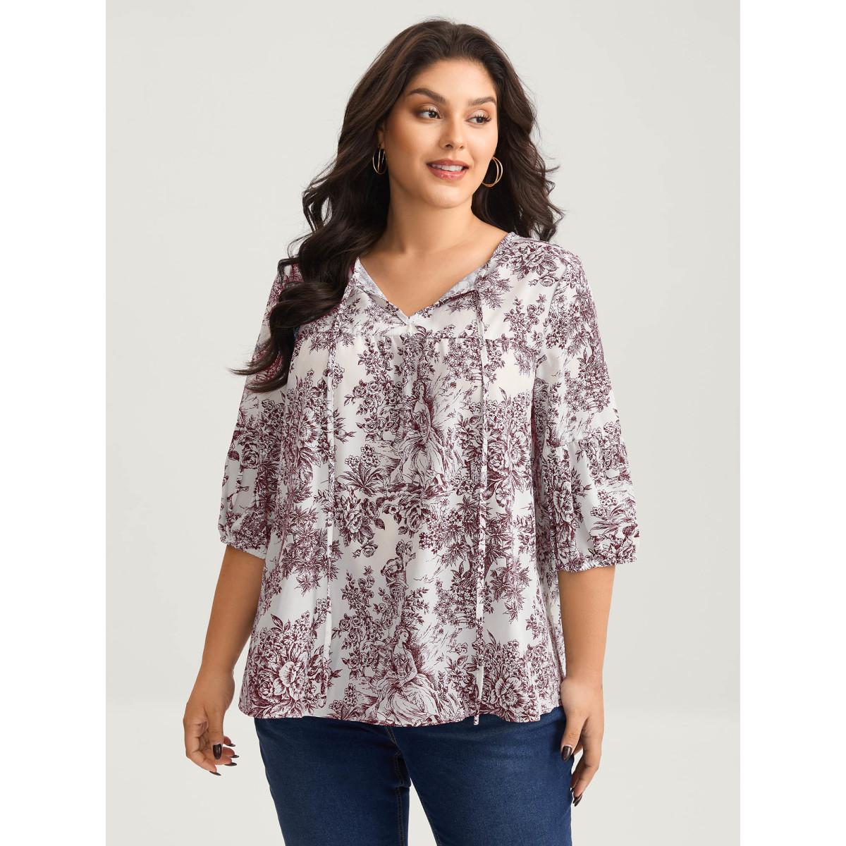 Plus Size Plum Artistic Print A-Line Blouse Women Timeless Elbow-length sleeve V-neck Elegant Blouses BloomChic 30/6X Product Image