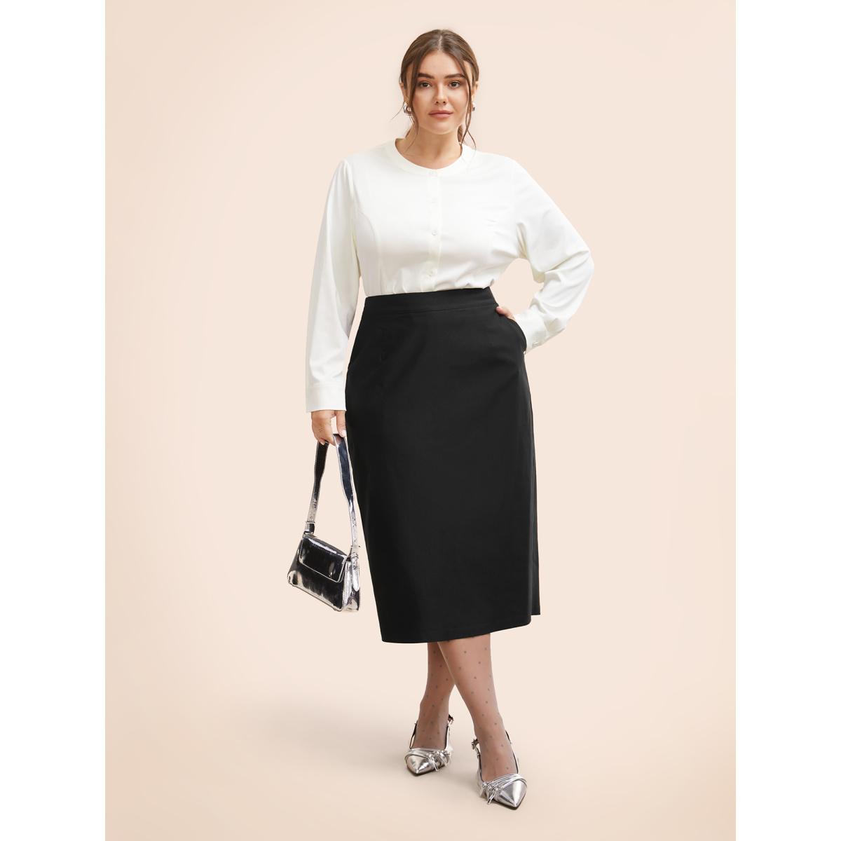 Plus Size Stretch Woven Slit Midi Skirt Women Black At the Office Non Loose Low stretch Slanted pocket Work Skirts BloomChic 10/M Product Image
