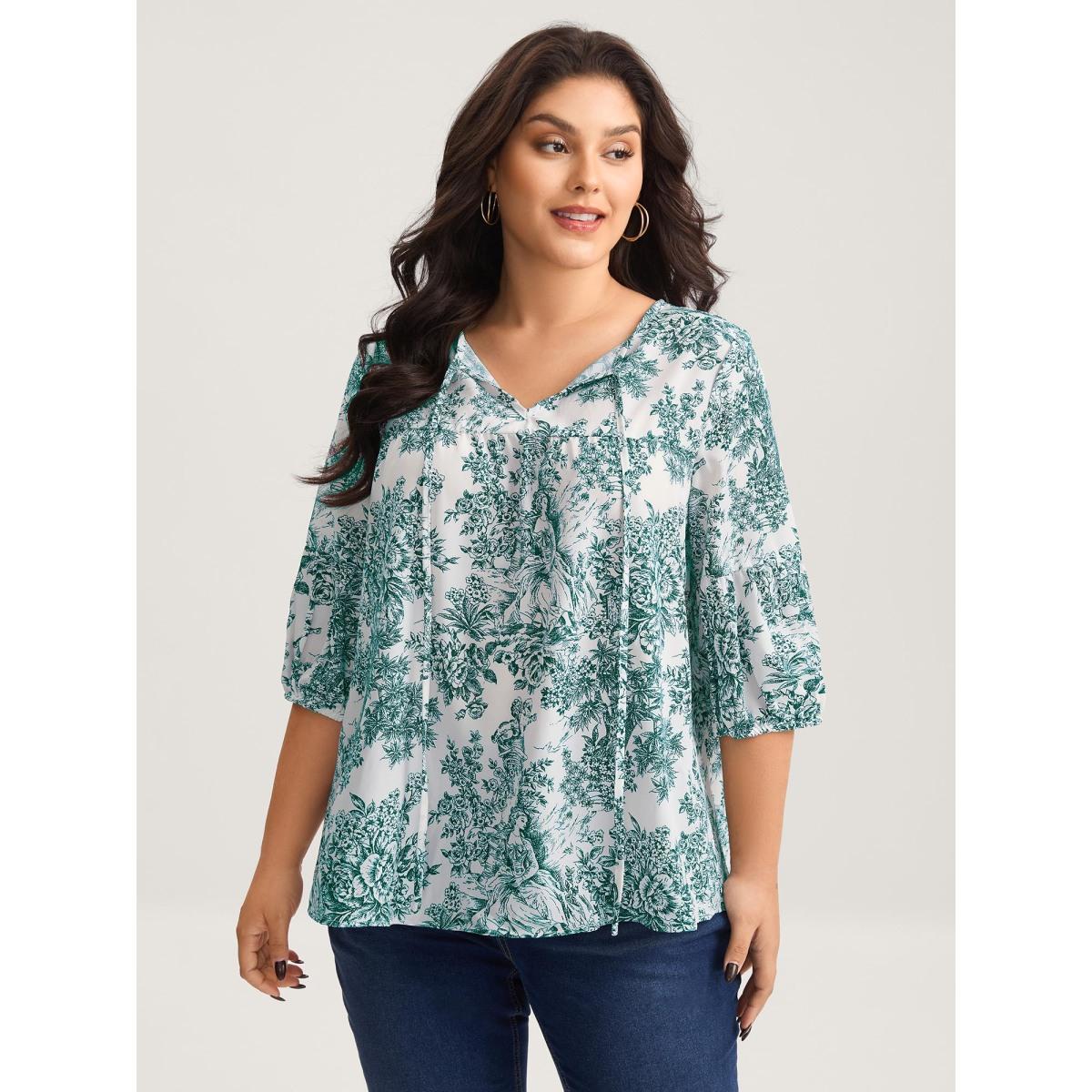 Plus Size Plum Artistic Print A-Line Blouse Women Timeless Elbow-length sleeve V-neck Elegant Blouses BloomChic 30/6X Product Image