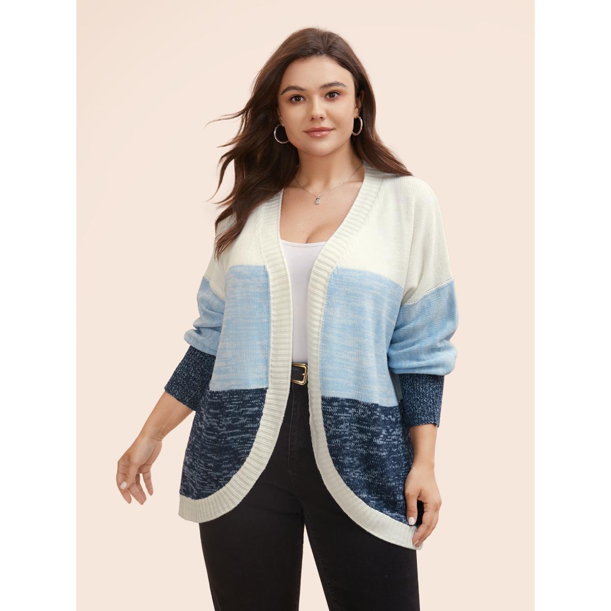 Plus Size Colorblock Contrast Curved Hem Cardigan Indigo Women Casual Loose Long Sleeve Everyday Cardigans BloomChic 22-24/3X Product Image