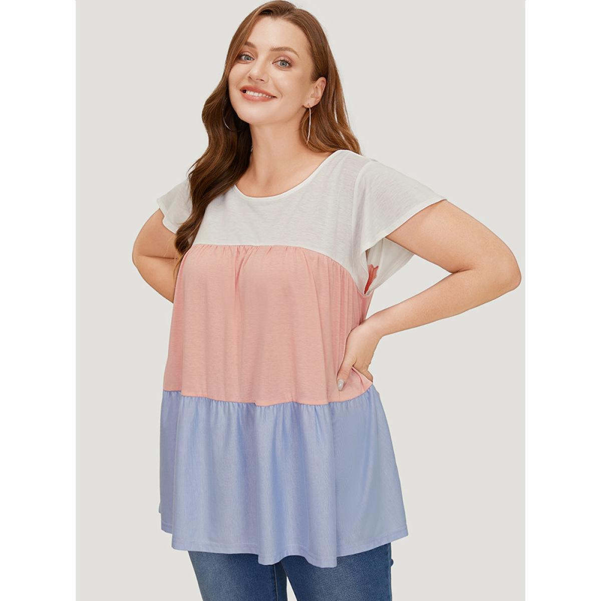 Plus Size Color Block Contrast Cap Sleeve Tank Top Women Multicolor Casual Gathered Round Neck Dailywear Tank Tops Camis BloomChic 22-24/3X Product Image