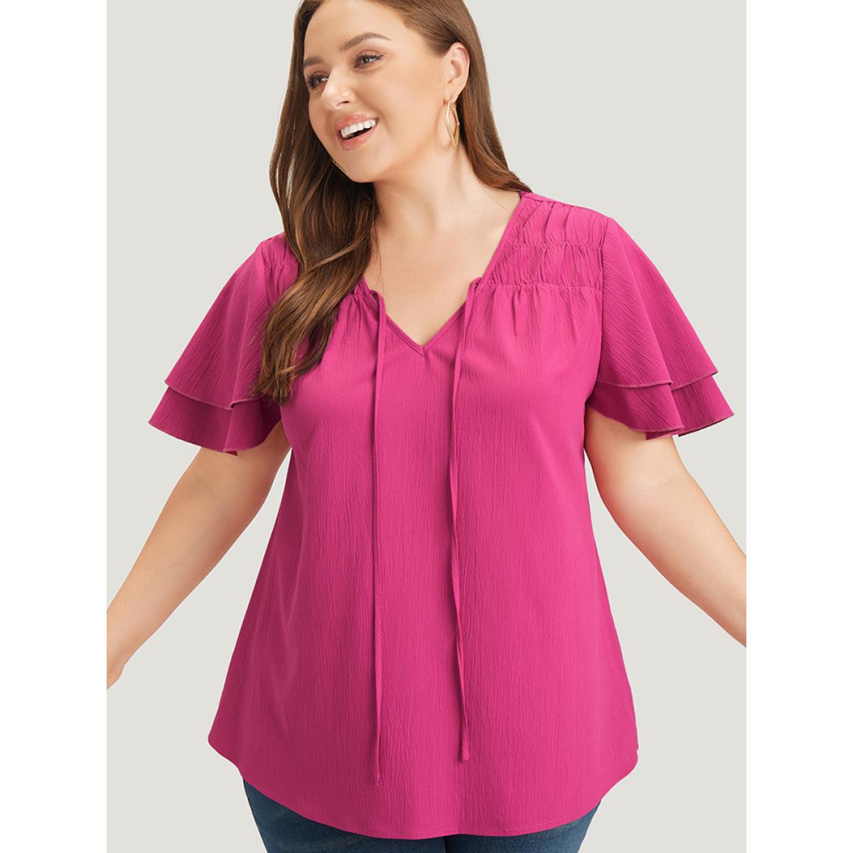 Plus Size RedViolet Solid Tie Neck Shirred Flutter Layered Sleeve Blouse Women Elegant Short sleeve Tie Neck Dailywear Blouses BloomChic 30/6X Product Image