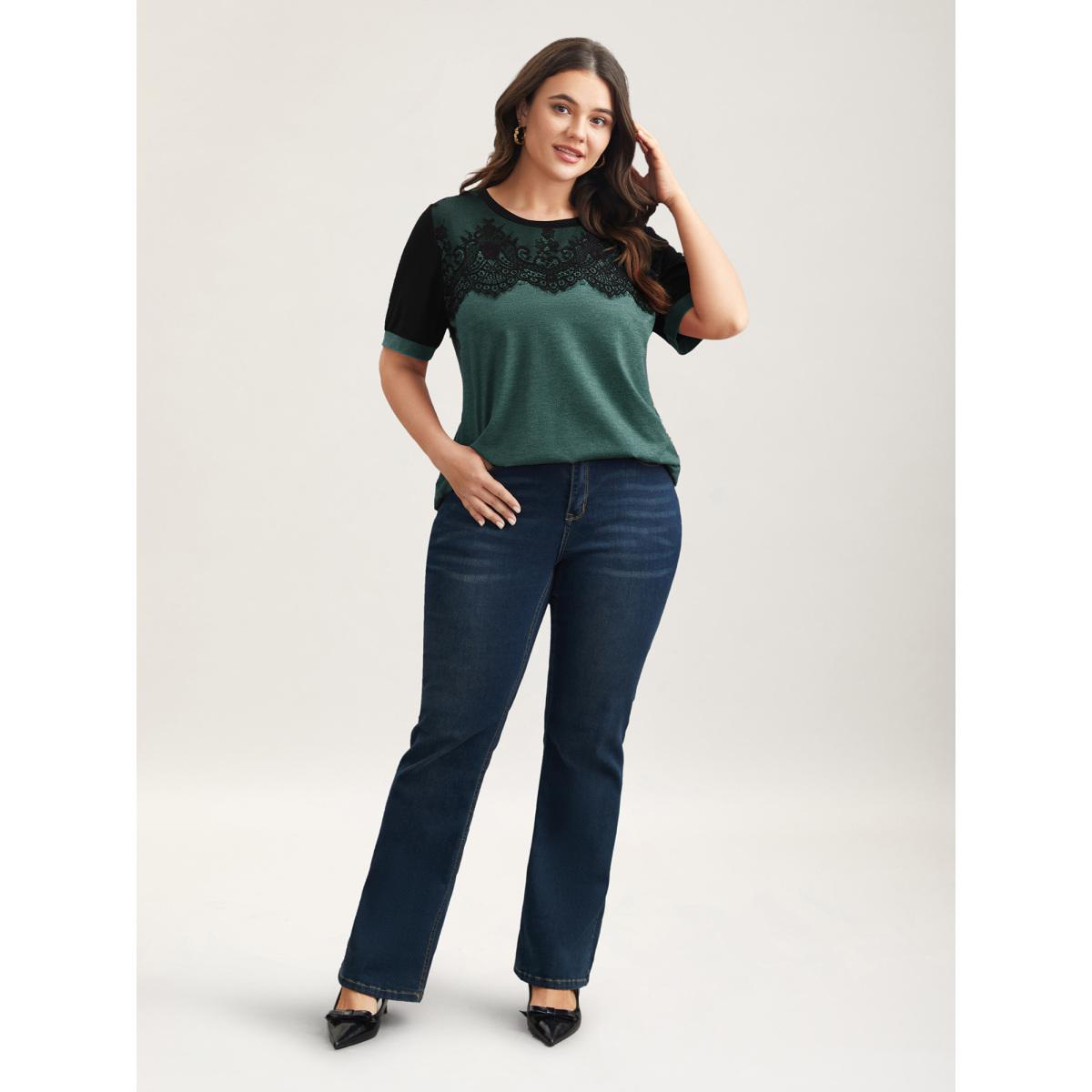Plus Size Stretchy Scalloped Lace Color Contrast T-Shirt DarkSlateGray Women Timeless Contrast Round Neck Elegant T-shirts BloomChic 12/L Product Image