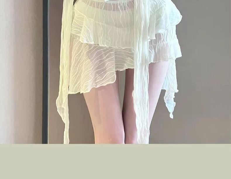 Set: Plain Shirred Bikini + Tie-Front Cover-Up + Skirt Product Image