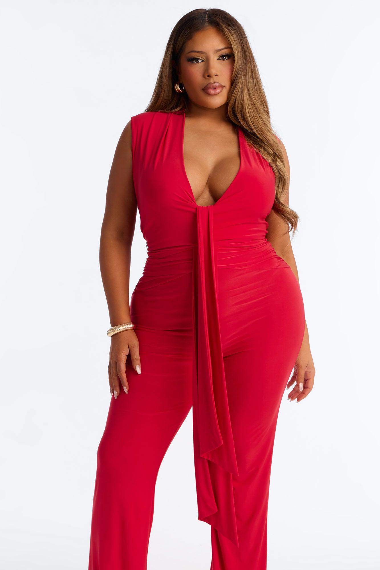 Sorai Ruched Plunge Neck Jumpsuit - Red Female Product Image