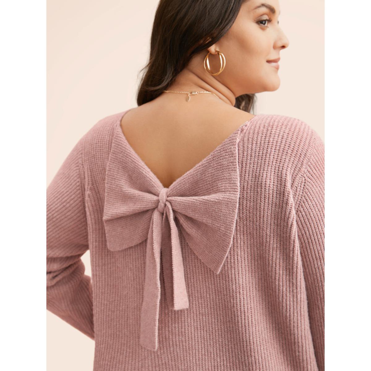 Plus Size Round Neck Texture Back Bowknot Pullover Crepe Women Casual Loose Long Sleeve Round Neck Everyday Pullovers BloomChic 18-20/2X Product Image