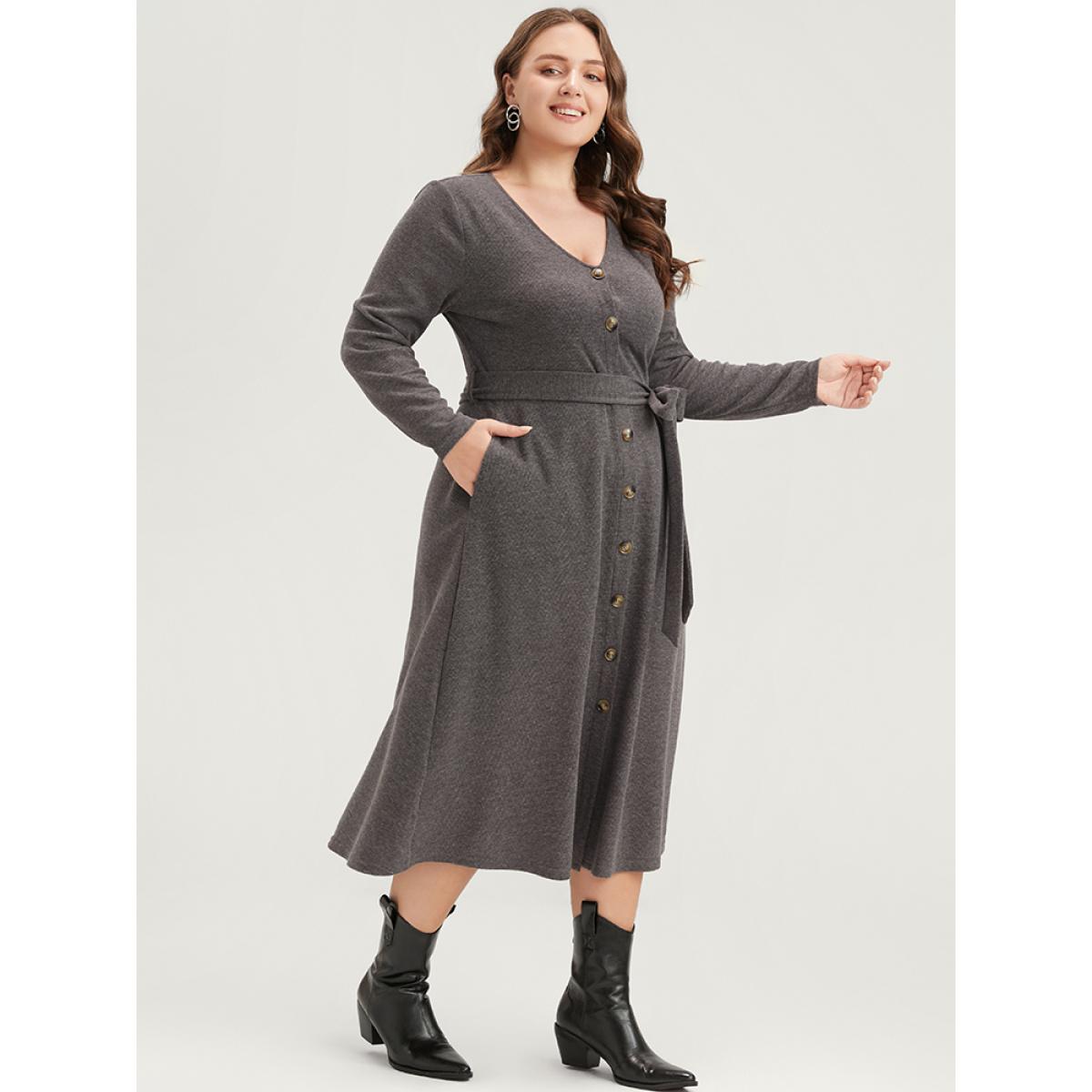 Plus Size Solid Pocket Button Up Belted Rib Knit Dress DarkGray Women Elegant Button V-neck Long Sleeve Curvy Midi Dress BloomChic 14-16/1X Product Image