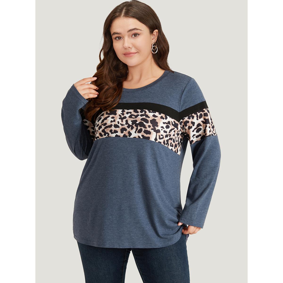 Plus Size Leopard Heather Patchwork Crew Neck T-shirt Blue Women Casual Patchwork Patchwork Round Neck Dailywear T-shirts BloomChic 12/L Product Image