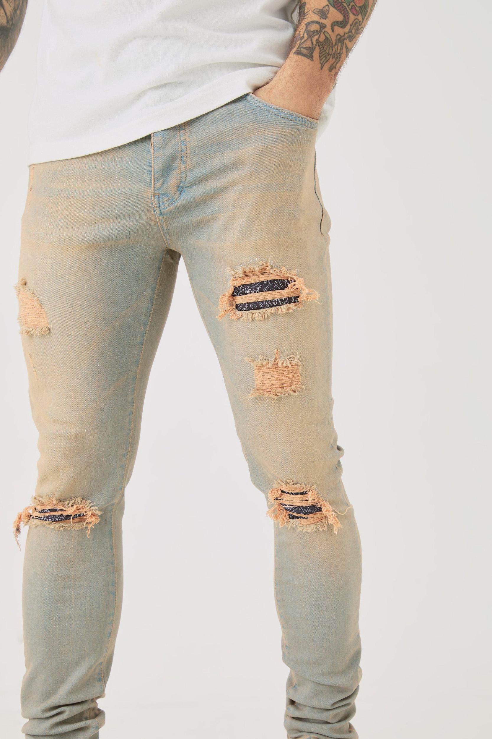 Skinny Stretch Ripped Bandana Jeans In Antique Wash | boohooMAN USA Product Image