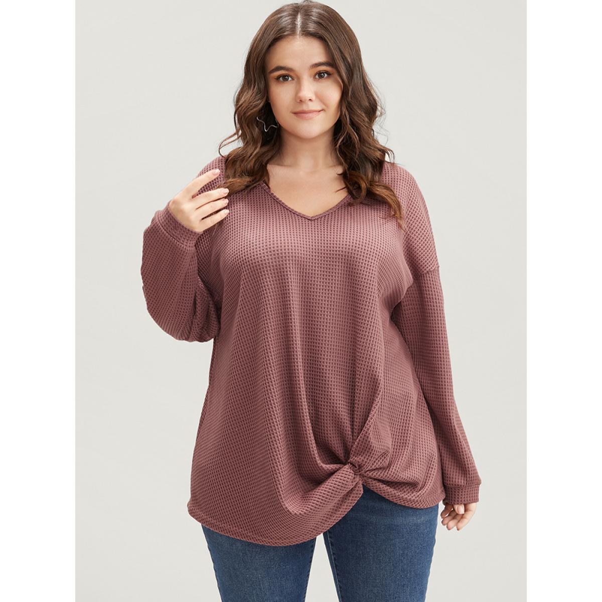 Plus Size Solid V Neck Twist Front Waffle Knit Sweatshirt Women DustyPink Elegant Asymmetrical V-neck Dailywear Sweatshirts BloomChic 14-16/1X Product Image