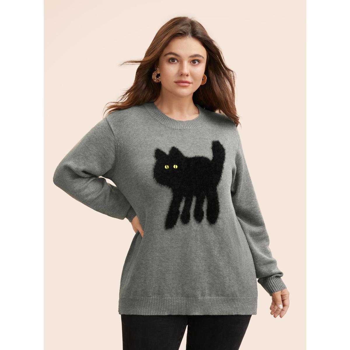 Plus Size Supersoft Essentials Cat Slit Hem Pullover Mediumgray Women Casual Long Sleeve Round Neck Everyday Pullovers BloomChic 30/6X Product Image