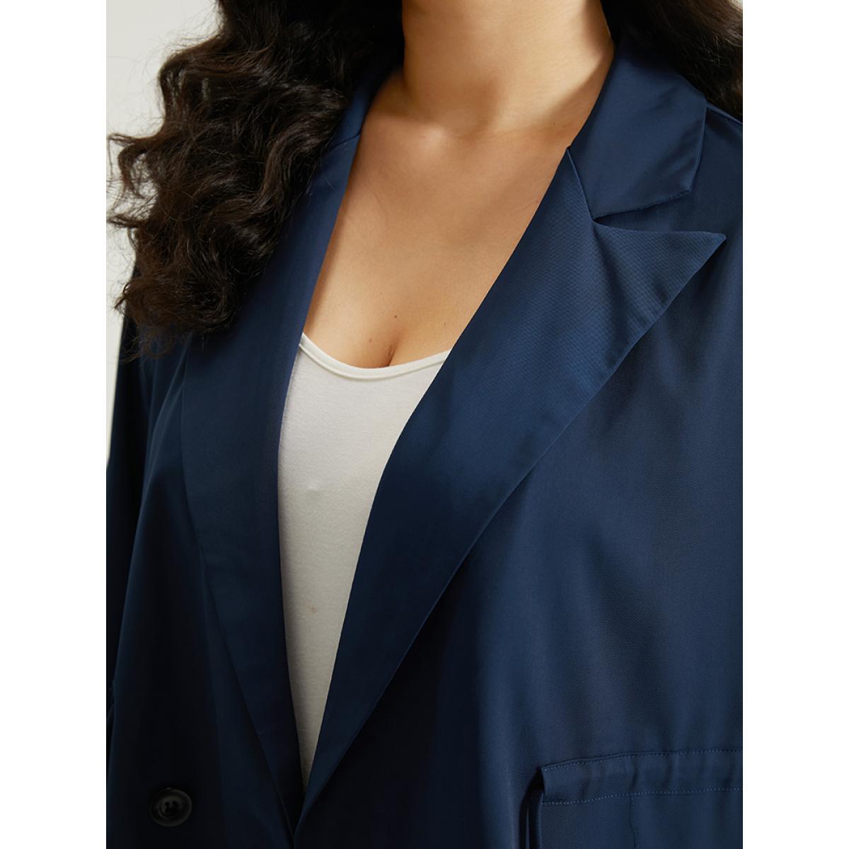 Plus Size Button Up Drawstring Pocket Blazer Indigo Women Office Plain Plain Sleeve Long Sleeve Lapel Collar 26/4X Pocket At the Office Blazers BloomChic Product Image