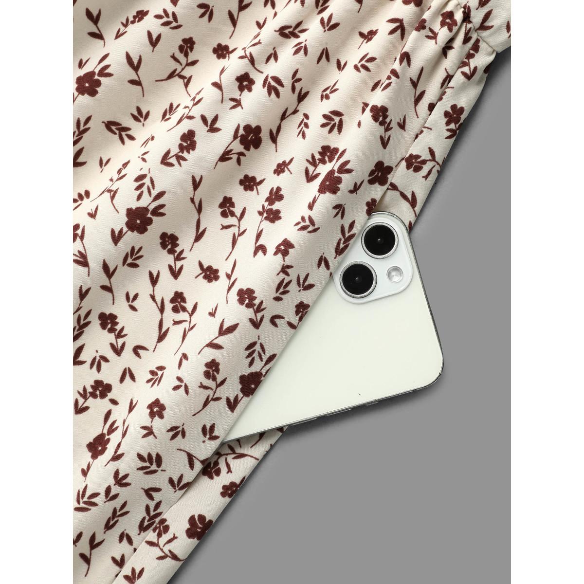 Plus Size Stretchy-Waist Printed Pockets Midi Dress Apricot Women Elegant Frill Trim Round Neck Long Sleeve Curvy BloomChic 22-24/3X Product Image