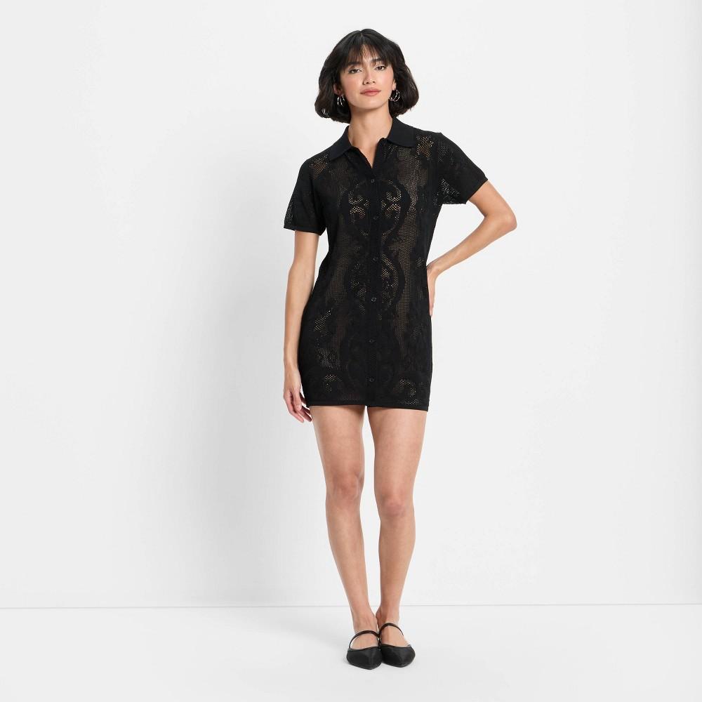 Women's Short Sleeve Mesh Button-Up Mini Sweater Dress - Future Collective Black XL Product Image