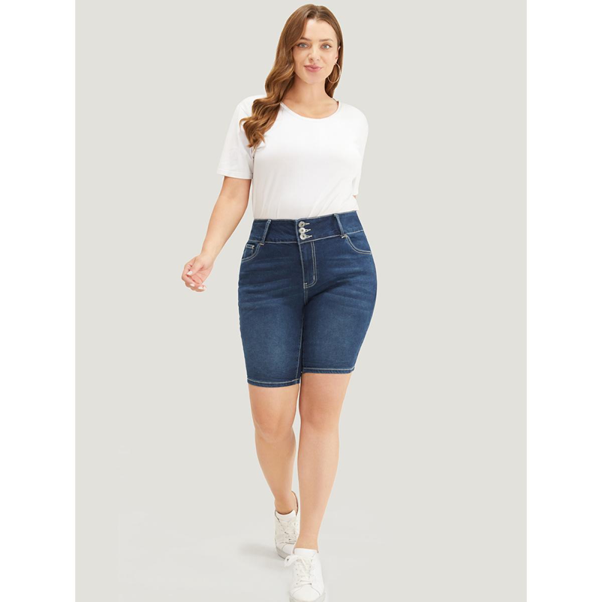 Plus Size Slightly Stretchy High Rise Black Wash Denim Shorts Women Indigo Casual Plain Button Low stretch Side seam pocket Jeans BloomChic 20/2X Product Image