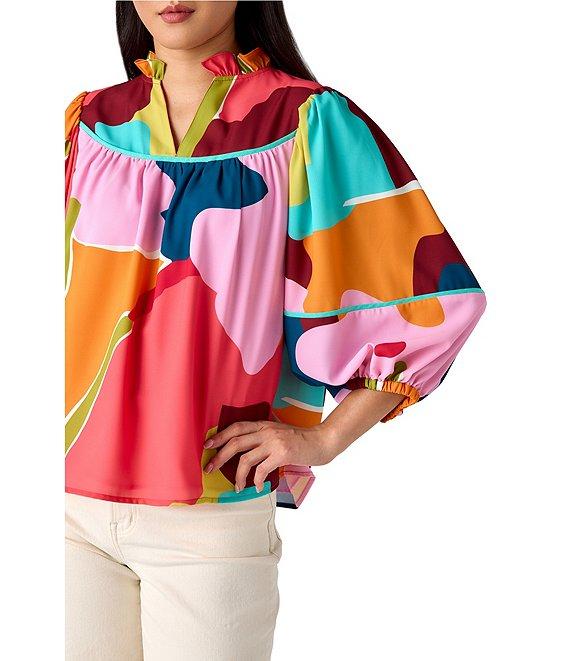 CROSBY by Mollie Burch Rosie Poppy Printed Split V-Neckline Long Sleeve Coordinating Top Product Image