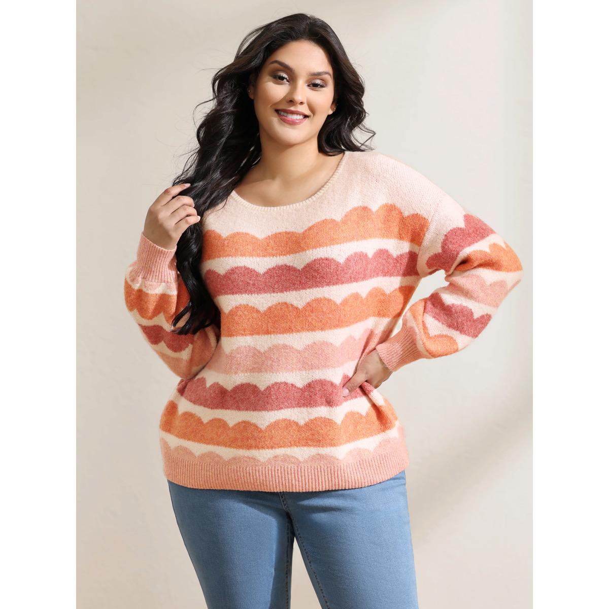 Plus Size Cloudy Stripes Contrast Balloon Sleeve Pullover Crepe Women Playful Loose Long Sleeve Boat Neck Casual Pullovers BloomChic 28/5X Product Image